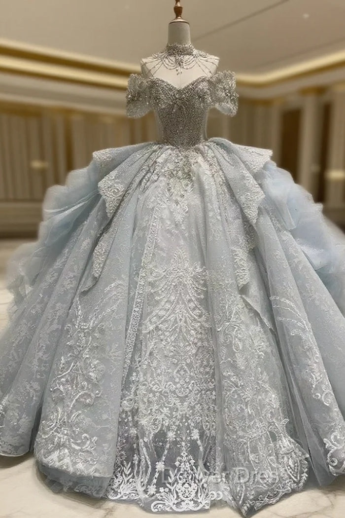 Ball Gown Tulle Off the Shoulder Beading Wedding Dresses Main image