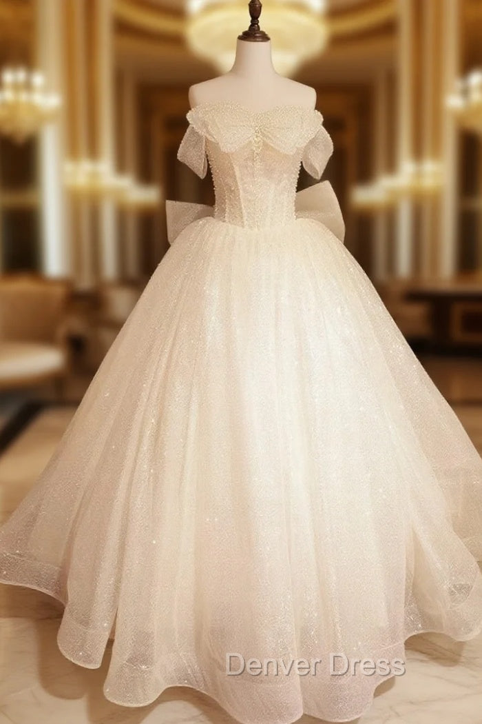 Ball Gown Tulle Off the Shoulder Pearl Wedding Dresses Main image