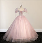Ball Gowns Tulle Pink Sweetheart Floor Length Graduation Birthday Prom Dresses with Sequined