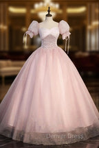 Ball-Gown Tulle  Pink Sweetheart Floor-Length Graduation Birthday Party Dresses with Sequined