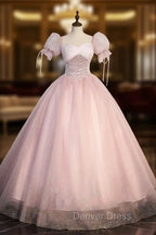 Ball Gowns Tulle Pink Sweetheart Floor Length Graduation Birthday Prom Dresses with Sequined