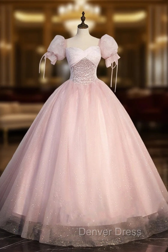 Ball Gowns Tulle Pink Sweetheart Floor Length Graduation Birthday Prom Dresses with Sequined