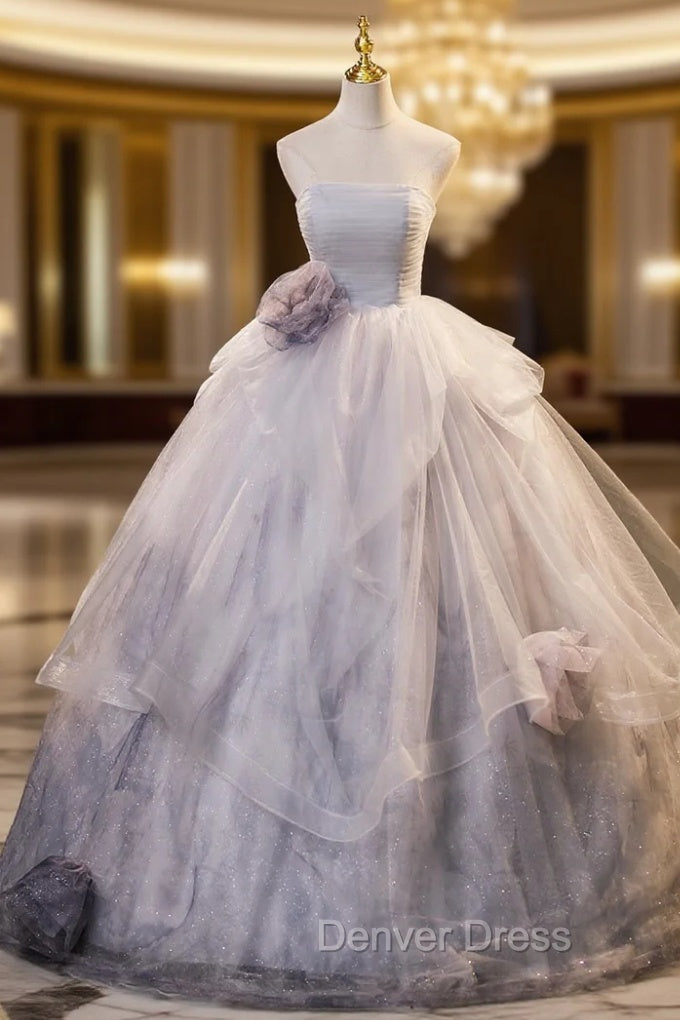 Ball Gown Tulle Strapless Flower Quinceanera Dresses