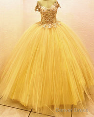Ball Gown V Neck 3D Flowers Tulle Dresses