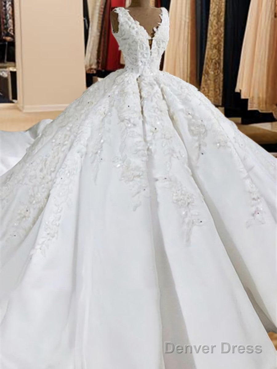 Ball-Gowns V-Neck Appliques Lace Sweep Train Satin Wedding Dresses