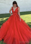 Ball Gown V Neck Court Train Lace Tulle Prom Dresses With Appliqued Beading