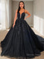 Ball Gowns V Neck Court Train Tulle Prom Dresses With Appliques Lace
