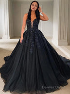 Ball Gowns V Neck Court Train Tulle Prom Dresses With Appliques Lace