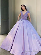 Ball Gowns V Neck Floor Length Satin Prom Dresses With Beading