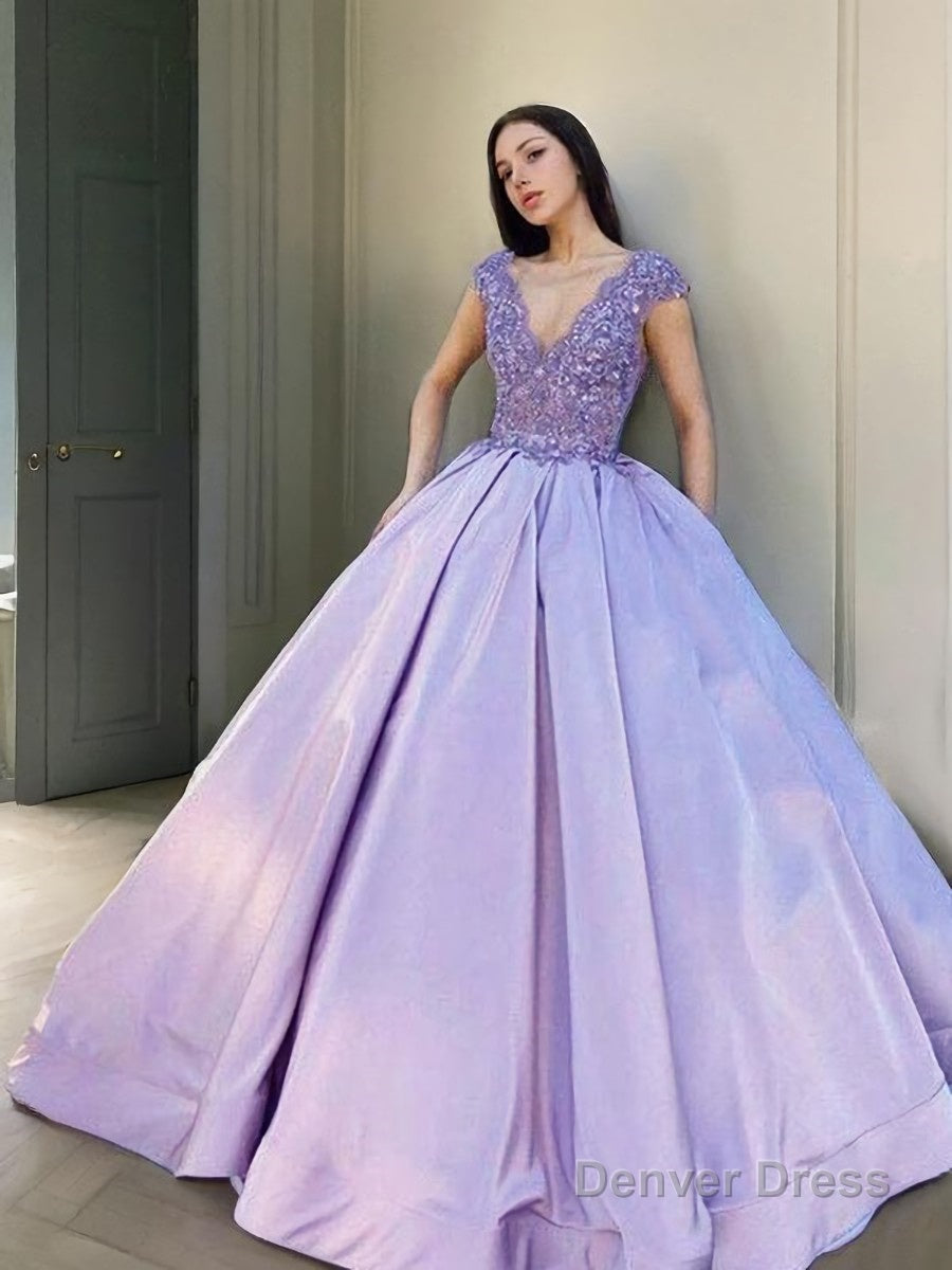 Ball Gowns V Neck Floor Length Satin Prom Dresses With Beading
