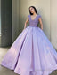Ball Gowns V Neck Floor Length Satin Prom Dresses With Beading