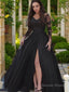 Ball Gowns V Neck Floor Length Tulle Prom Dresses With Leg Slit