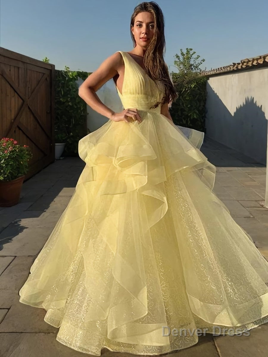 Ball Gowns V Neck Floor Length Tulle Prom Dresses With Pleated