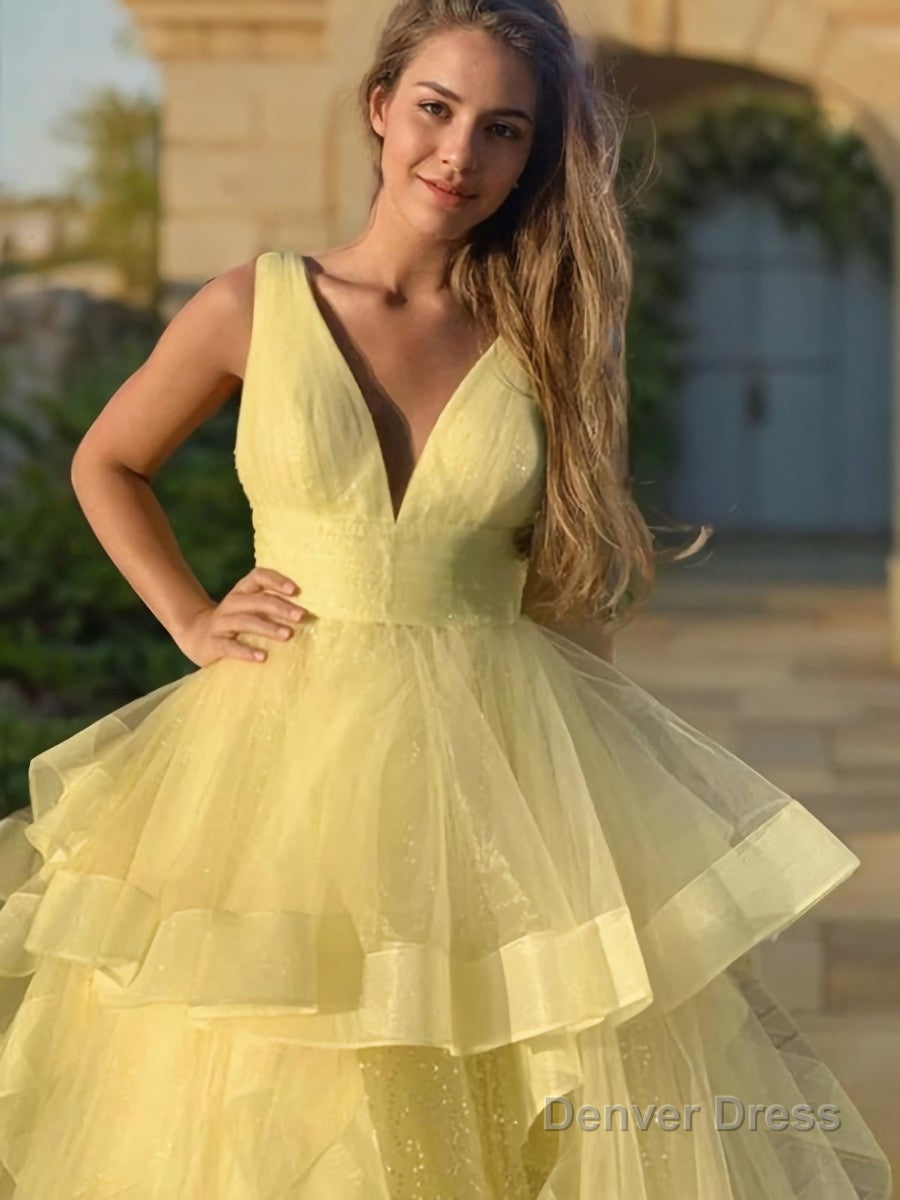 Ball Gowns V Neck Floor Length Tulle Prom Dresses With Pleated