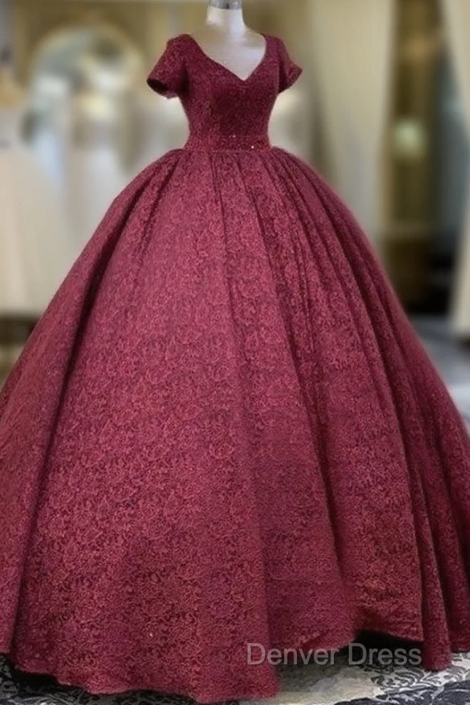 Ball Gown V Neck Lace Dresses With Sleeves Main image