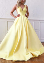 Ball Gowns V Neck Sleeveless Satin Sweep Train Prom Dresses