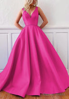 Ball Gowns V Neck Sleeveless Satin Sweep Train Prom Dresses
