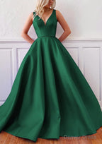 Ball Gowns V Neck Sleeveless Satin Sweep Train Prom Dresses