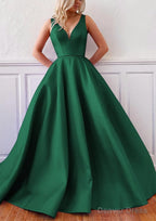 Ball Gowns V Neck Sleeveless Satin Sweep Train Prom Dresses