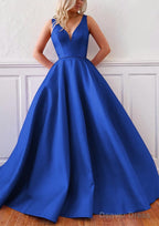 Ball Gowns V Neck Sleeveless Satin Sweep Train Prom Dresses