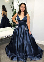 Ball Gown V Neck Spaghetti Straps Sweep Train Satin Prom Dresses With Pockets Beading