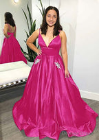 Ball Gown V Neck Spaghetti Straps Sweep Train Satin Prom Dresses With Pockets Beading