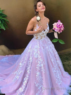 Ball Gowns V Neck Sweep Train Lace Prom Dresses With Appliques Lace