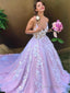 Ball Gowns V Neck Sweep Train Lace Prom Dresses With Appliques Lace