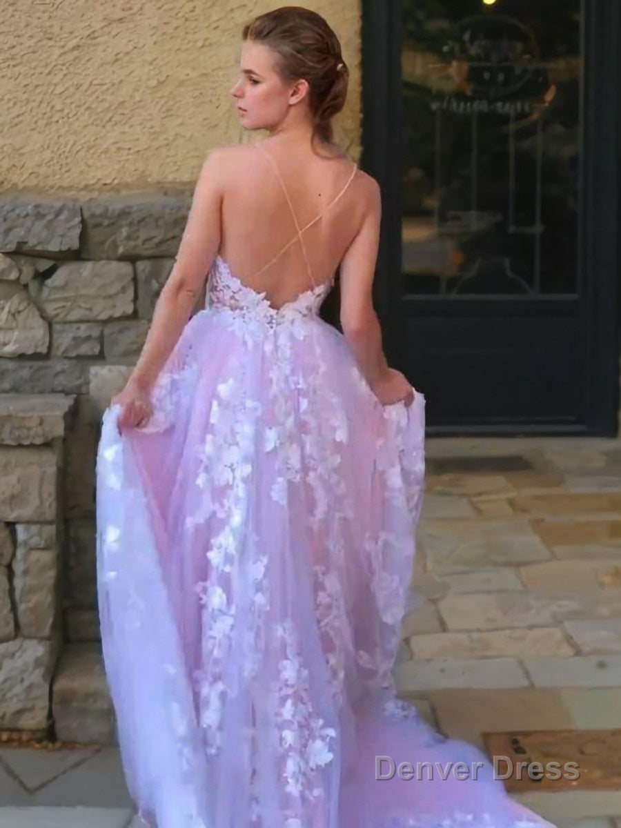 Ball Gowns V Neck Sweep Train Lace Prom Dresses With Appliques Lace