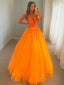 Ball Gowns V Neck Floor Length Tulle Prom Dresses With Appliques Lace
