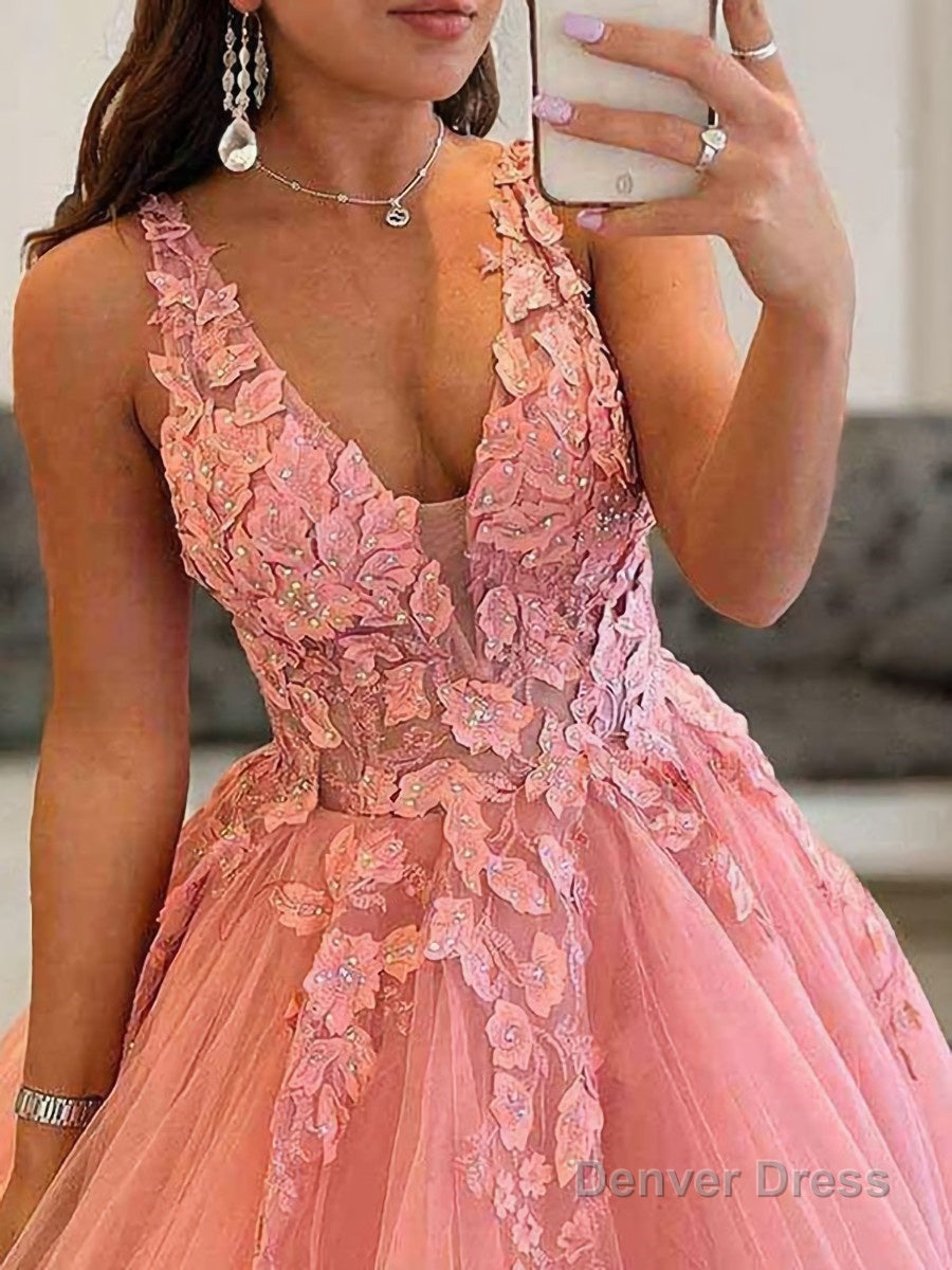 Ball Gown V-neck Floor-Length Tulle Prom Dresses With Appliques Lace