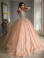 Ball Gowns V Neck Sweep Train Tulle Prom Dresses With Beading