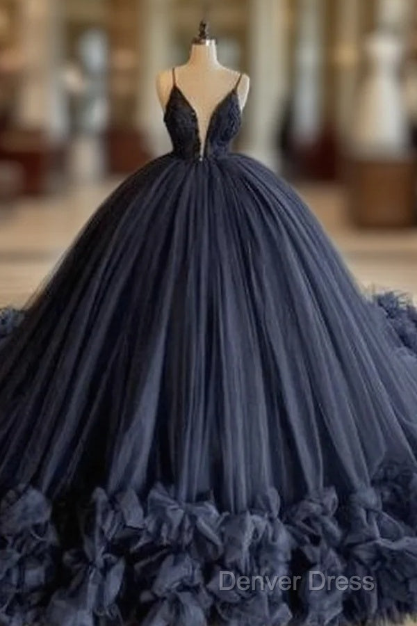 Ball Gown V Neck Tulle Black Wedding Dresses Spaghetti Straps Evening Dresses Main image