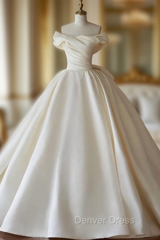 Ball Gown White Satin Off the Shoulder Pleats Wedding Dresses