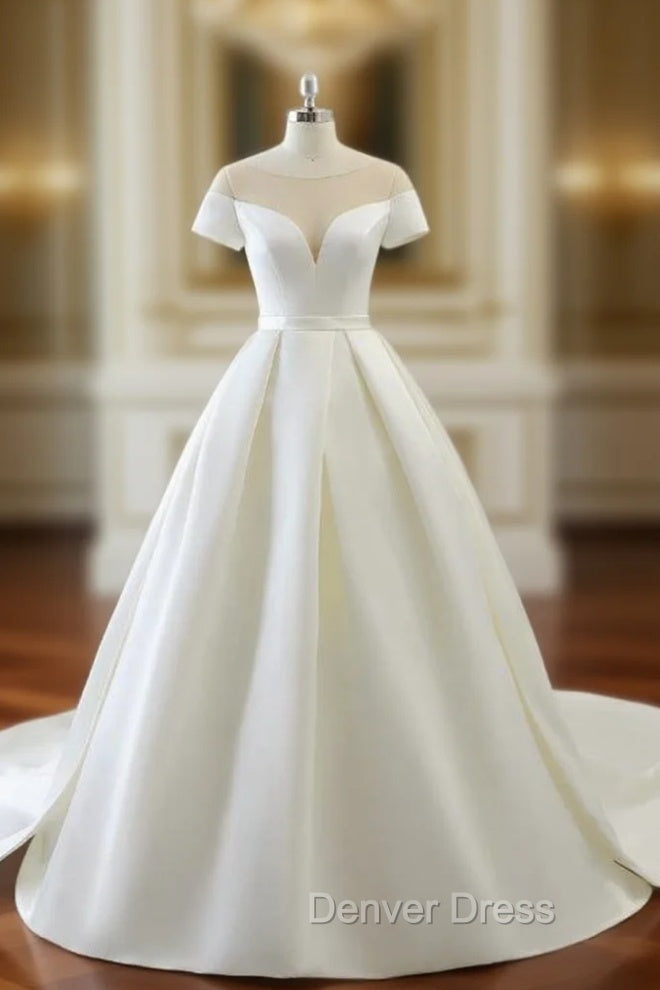 Ball Gown White Satin Scoop Neck Short Satin Wedding Dresses
