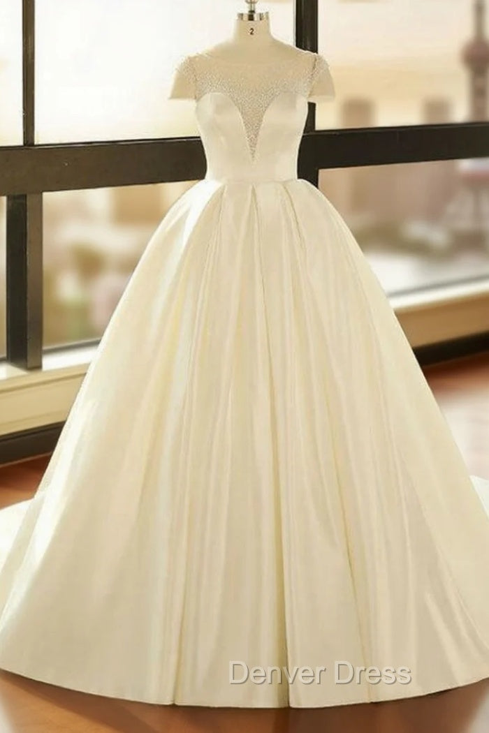 Ball Gowns White Satin See Through Cap Sleeve Wedding Dresses