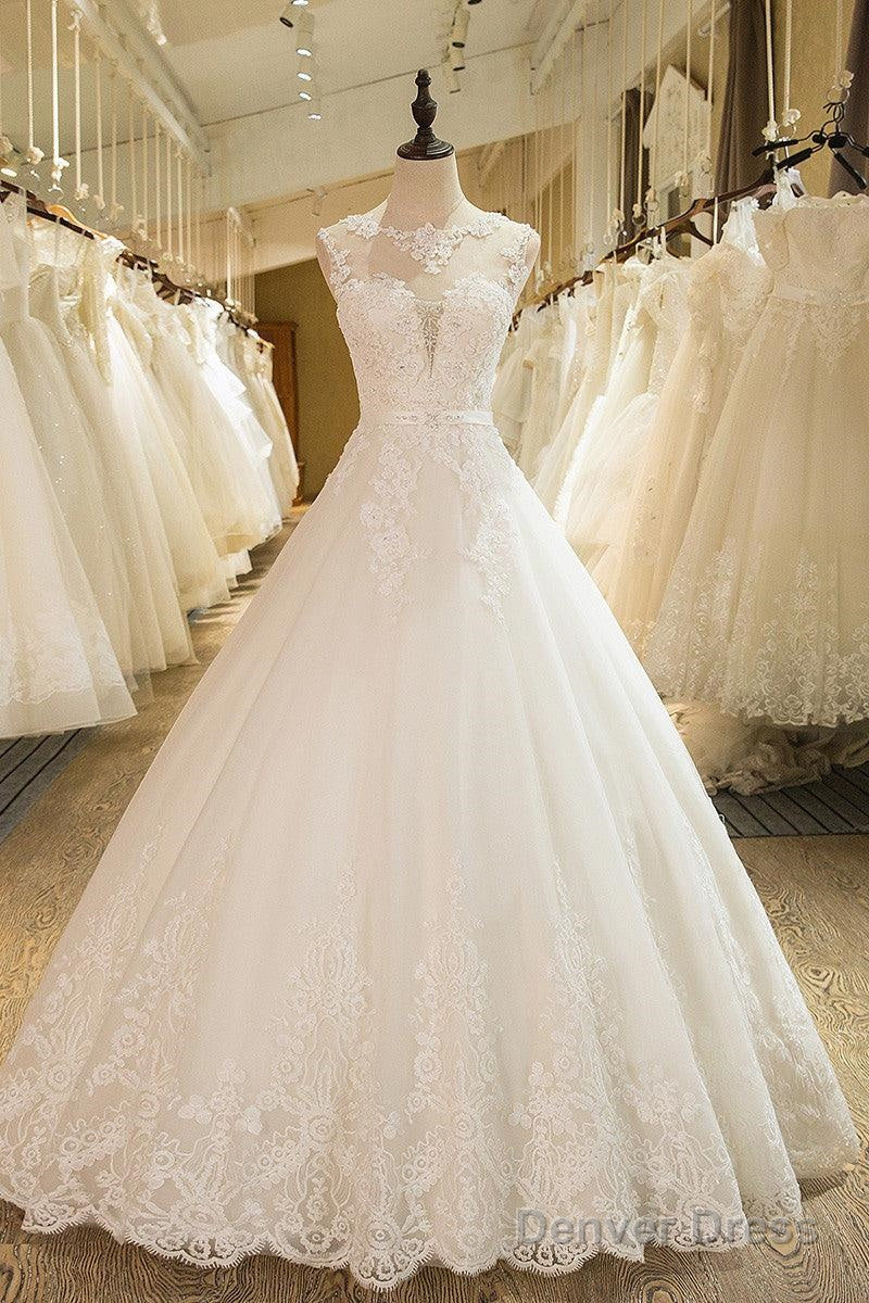 Ball Gowns Tulle High Neck Wedding Dress With Lace Applique