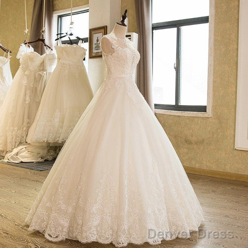 Ball Gowns Tulle High Neck Wedding Dress With Lace Applique