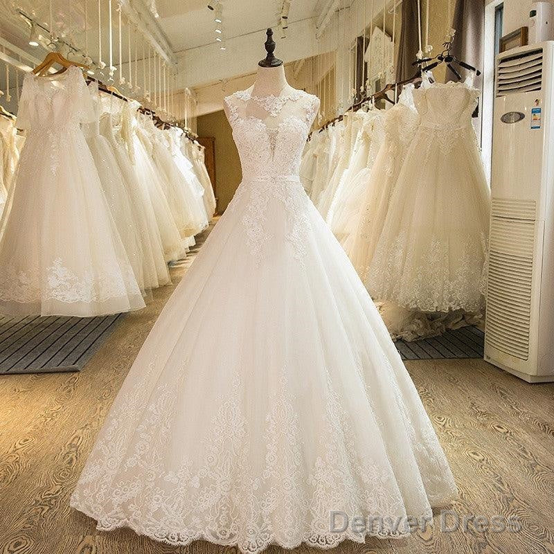 Ball Gowns Tulle High Neck Wedding Dress With Lace Applique