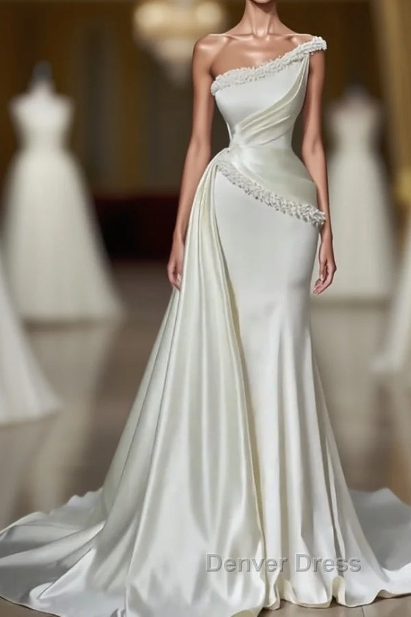 Chic Sleeveless Wedding Gown With Beads Long White One Shoulder Main image