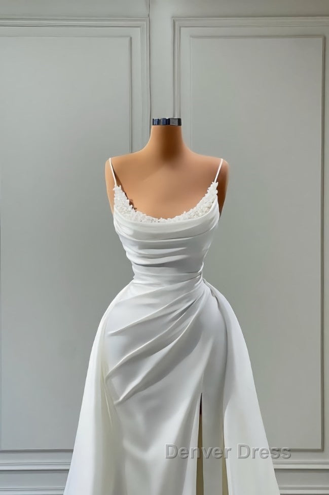 Modern White Spaghetti Straps Wedding Gown With Beads Long Secondary image