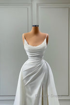 Modern White Spaghetti Straps Wedding Gown With Beads Long