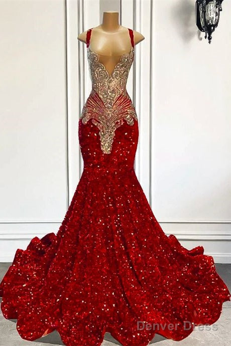 Ballbella Red Sequins Mermaid Prom Dress Sleeveless With Crystal Main image