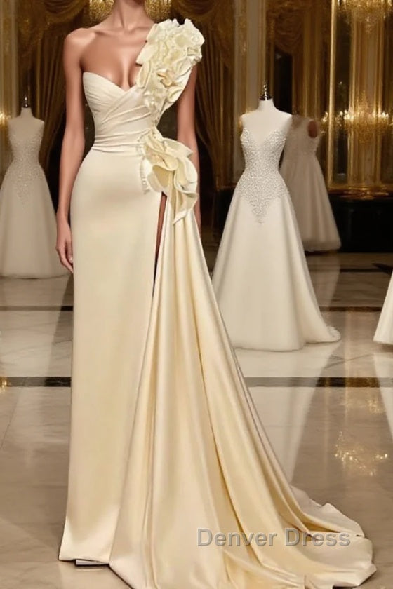 Sparkly Ruffles Split Wedding Dresses With Glitter Long White One Shoulder Main image