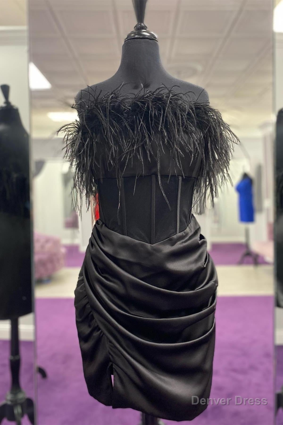 Black Strapless Satin Sheath Pleated Homecoming Dresses with Feathers Main image