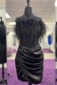 Black Strapless Satin Sheath Pleated Homecoming Dresses with Feathers