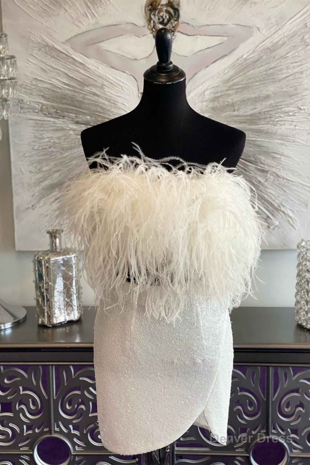 White Sequins Strapless Homecoming Dresses with Feathers Main image