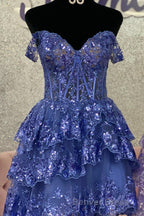 Red Off The Shoulder Lace Multi Layers Appliques Sequins Homecoming Dresses