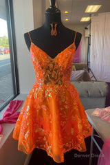 Orange A-line V Neck Straps Sequins-Embroidered Homecoming Dress