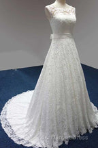Bateau A-Line Lace Sash Bowknot Sleeveless Wedding Dresses